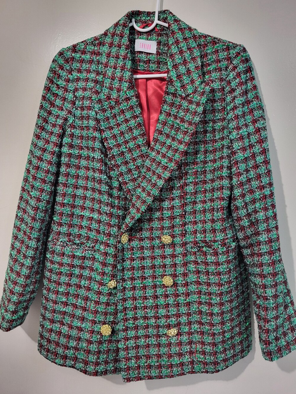 Savida Green & Red Tweed Double-Breasted Blazer with Gold Buttons Large
